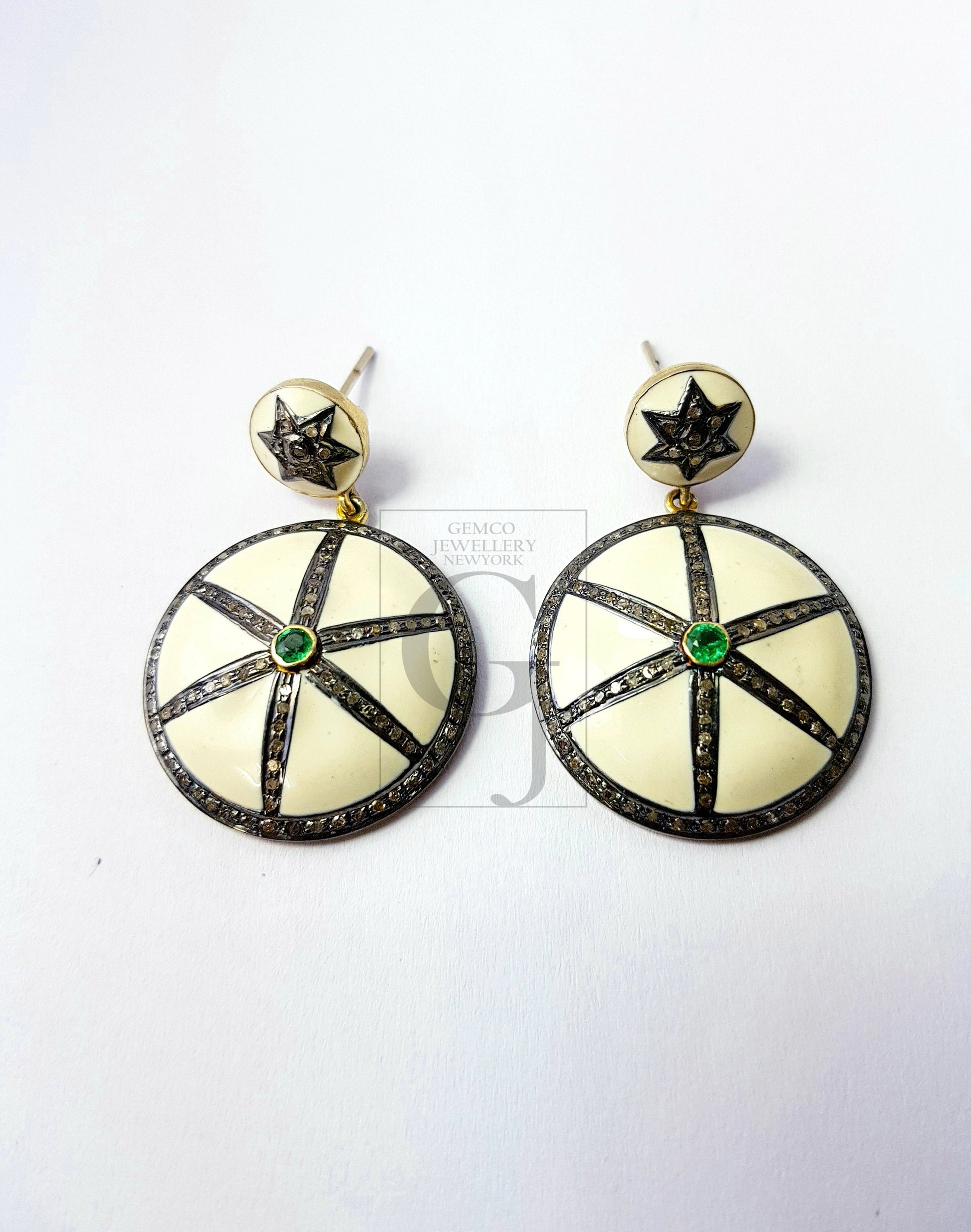 Enameling designer emerald earring Rosecut pave diamond earrings 925 sterling silver handmade silver finish diamond earrings