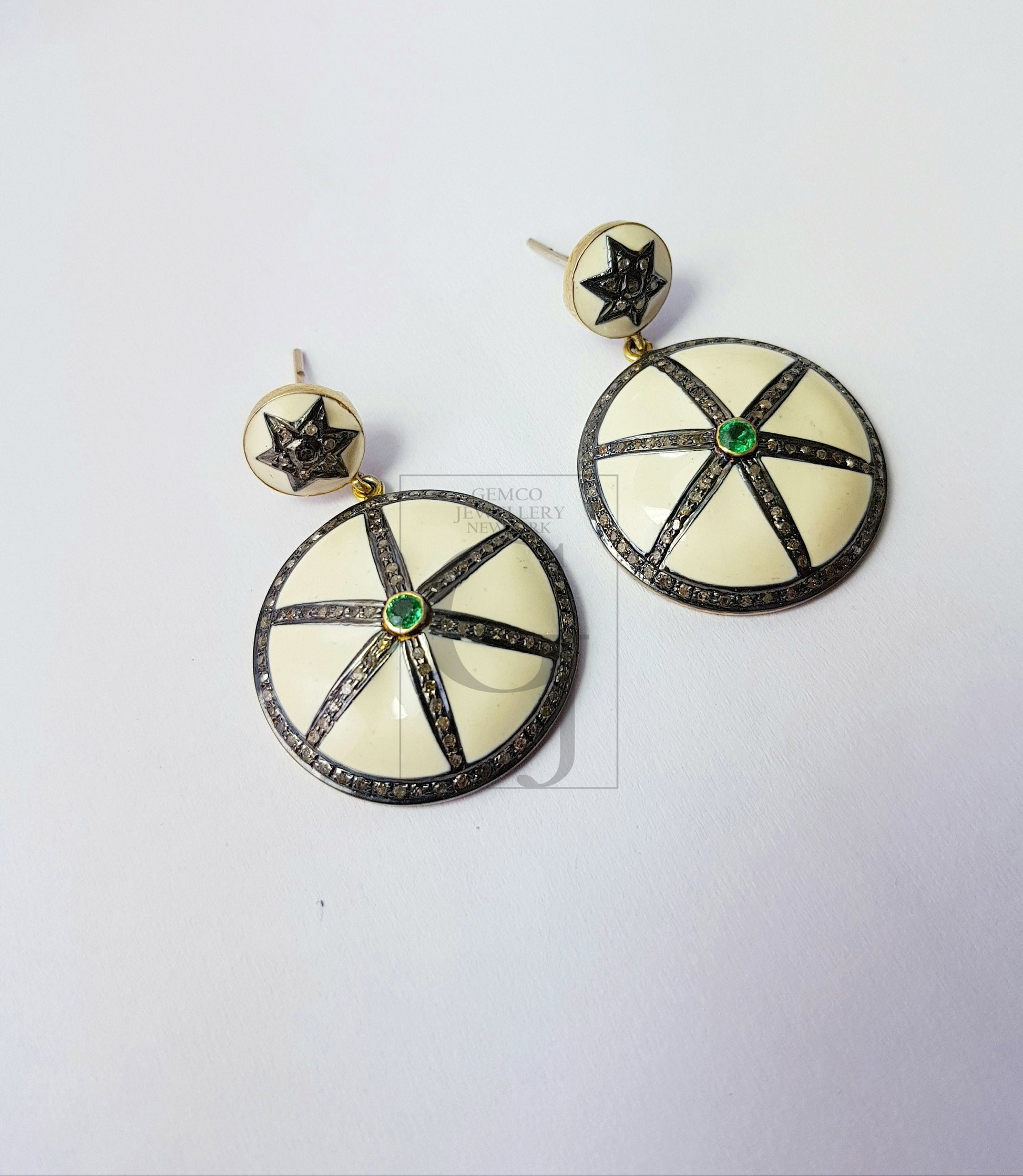 Enameling designer emerald earring Rosecut pave diamond earrings 925 sterling silver handmade silver finish diamond earrings