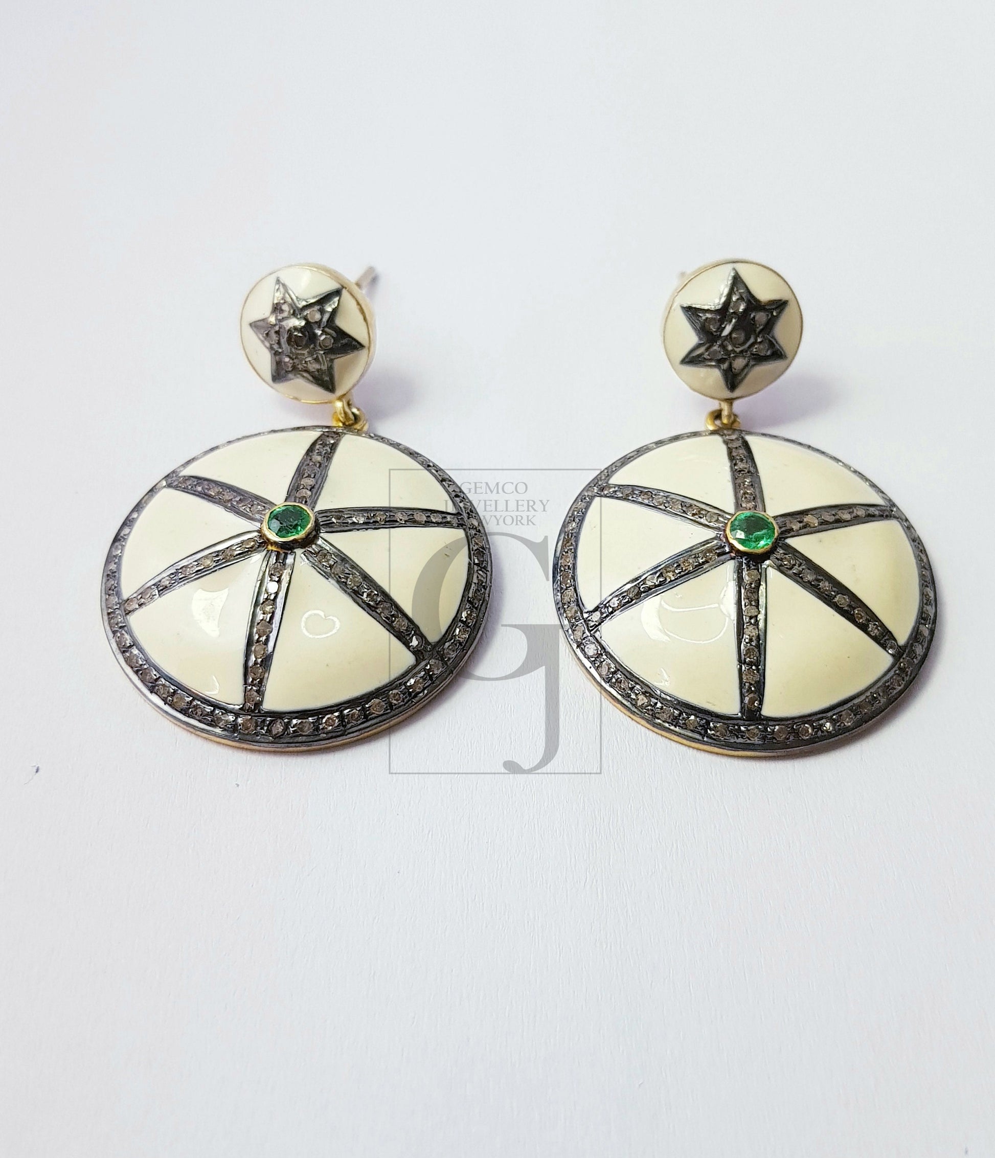 Enameling designer emerald earring Rosecut pave diamond earrings 925 sterling silver handmade silver finish diamond earrings