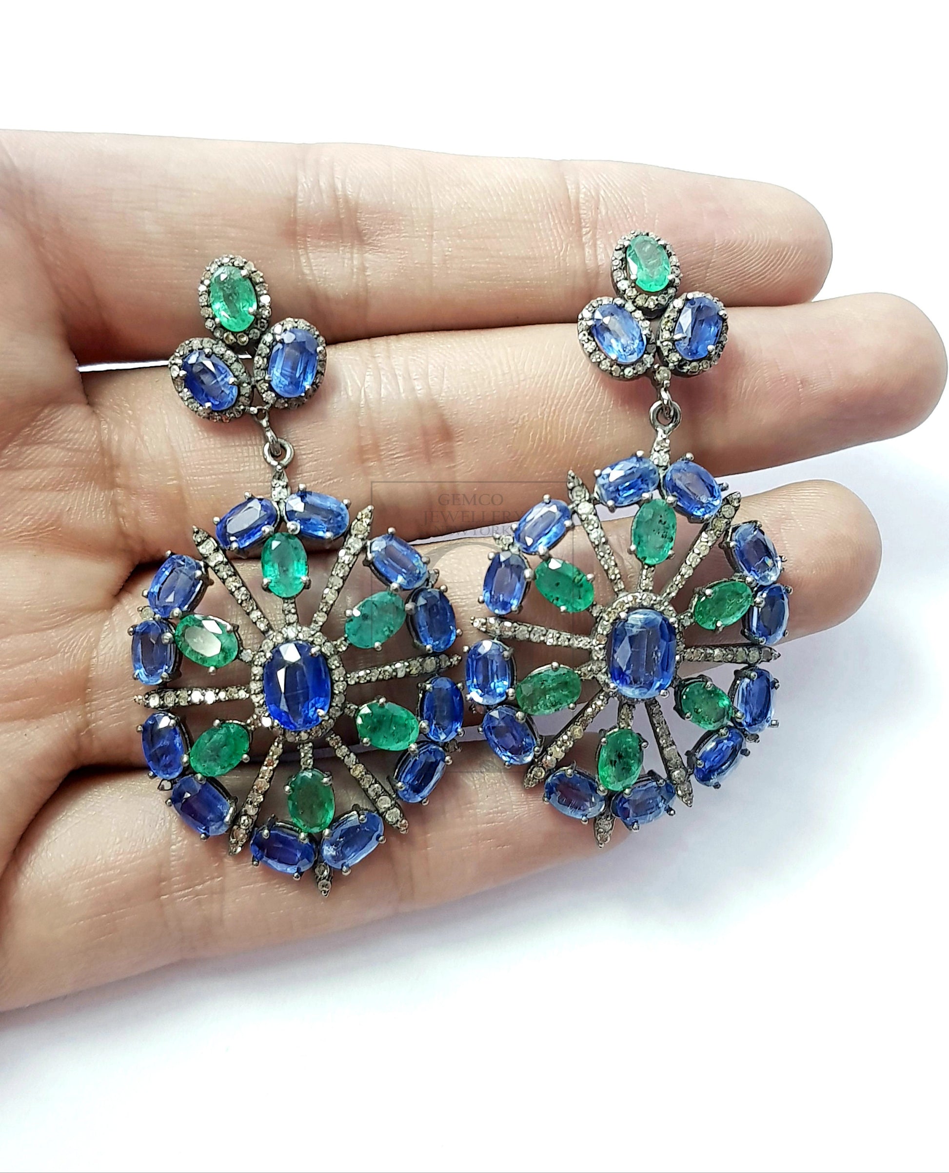 Very beautiful designer Rosecut pave diamond earrings 925 sterling silver handmade silver finish emerald kaynite diamond earrings jewelry