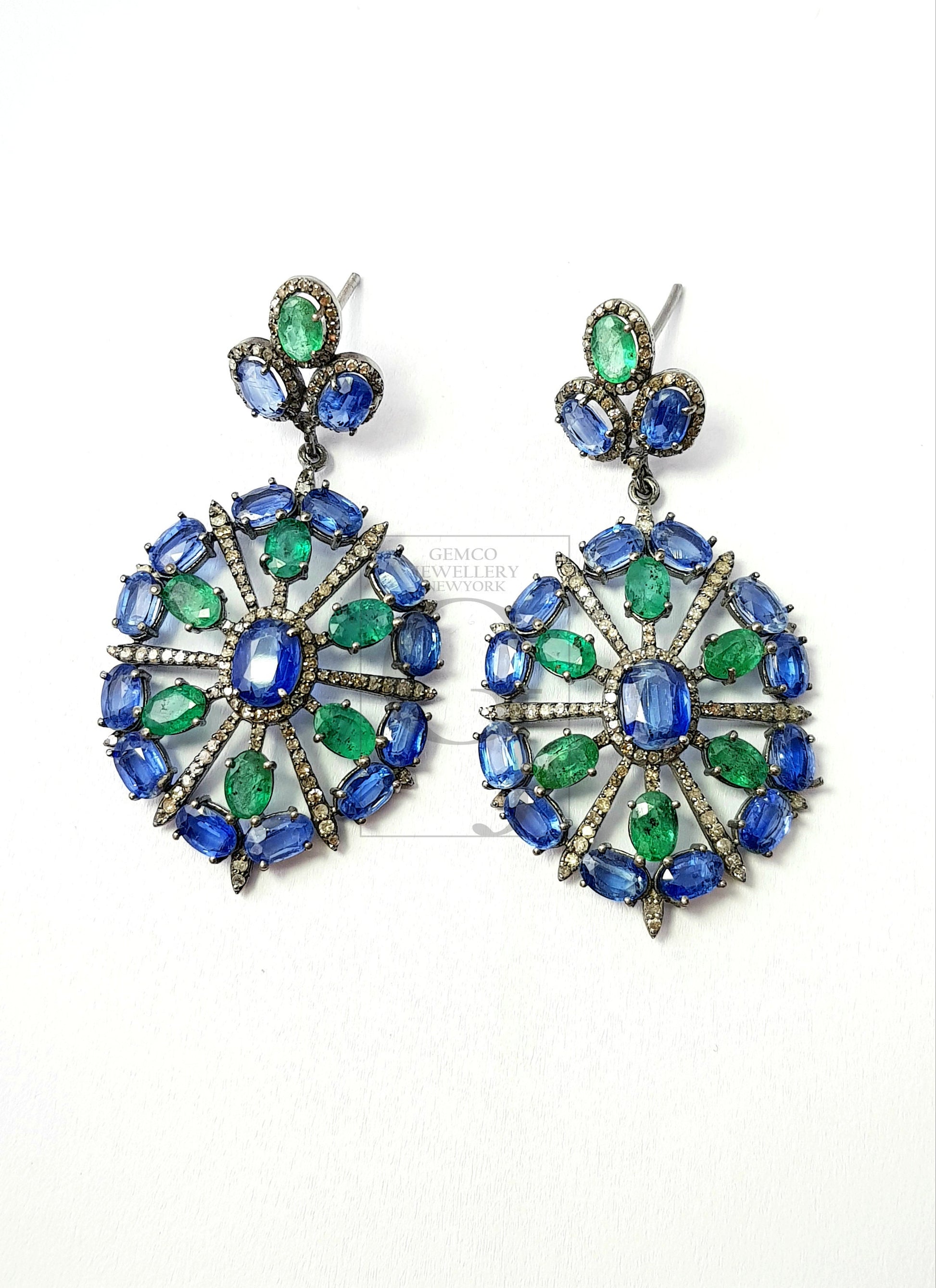 Very beautiful designer Rosecut pave diamond earrings 925 sterling silver handmade silver finish emerald kaynite diamond earrings jewelry