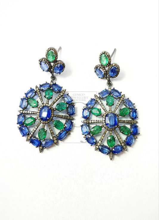 Very beautiful designer Rosecut pave diamond earrings 925 sterling silver handmade silver finish emerald kaynite diamond earrings jewelry