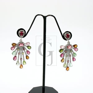 Very beautiful designer  Natural multi colored tourmaline earring stone with rosecut diamond pave setting diamond earring