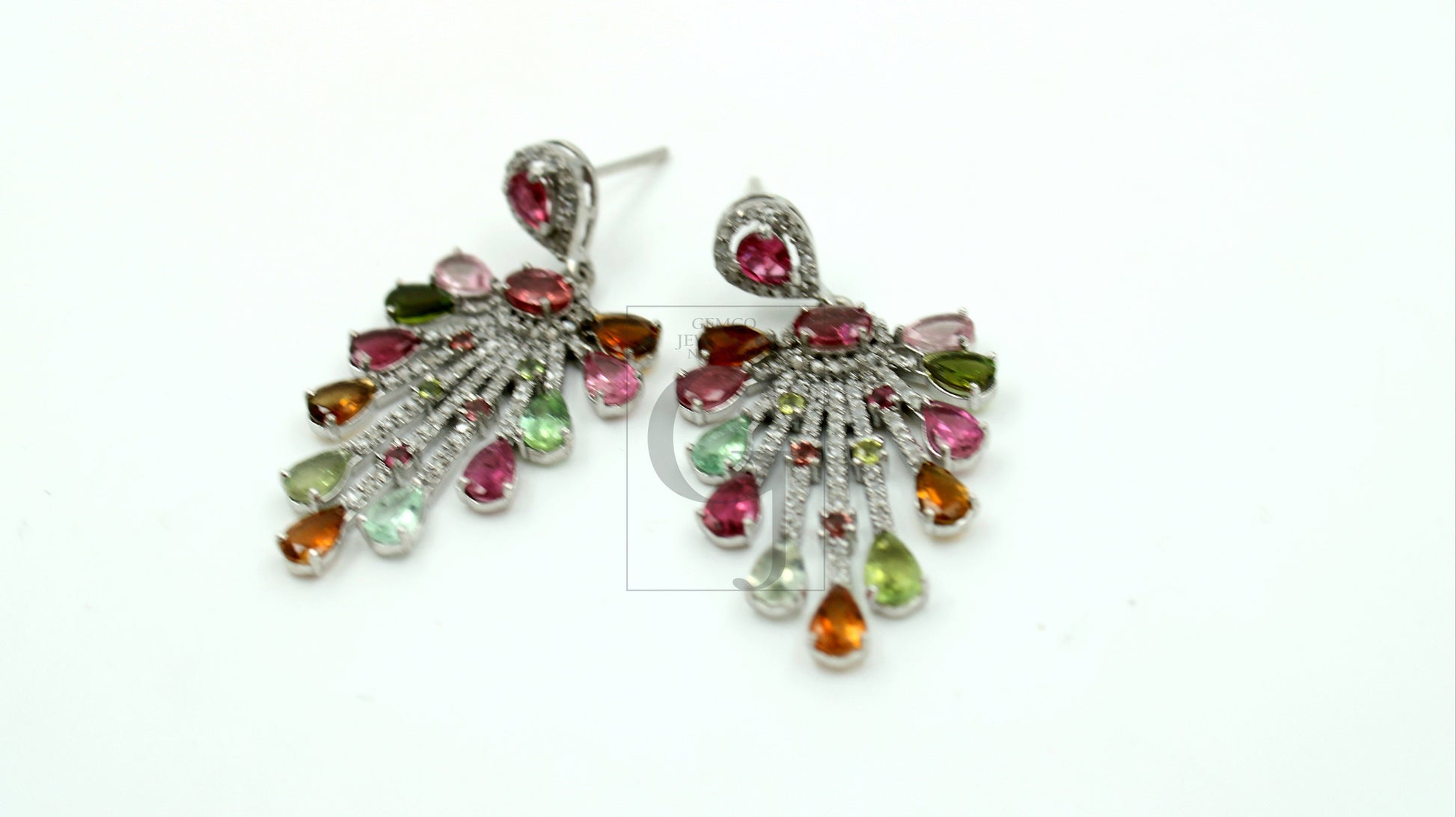 Very beautiful designer  Natural multi colored tourmaline earring stone with rosecut diamond pave setting diamond earring