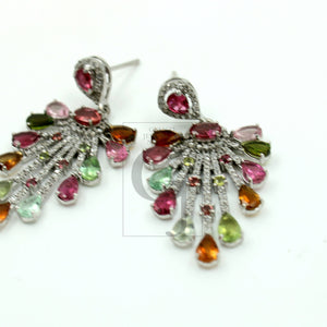 Very beautiful designer  Natural multi colored tourmaline earring stone with rosecut diamond pave setting diamond earring