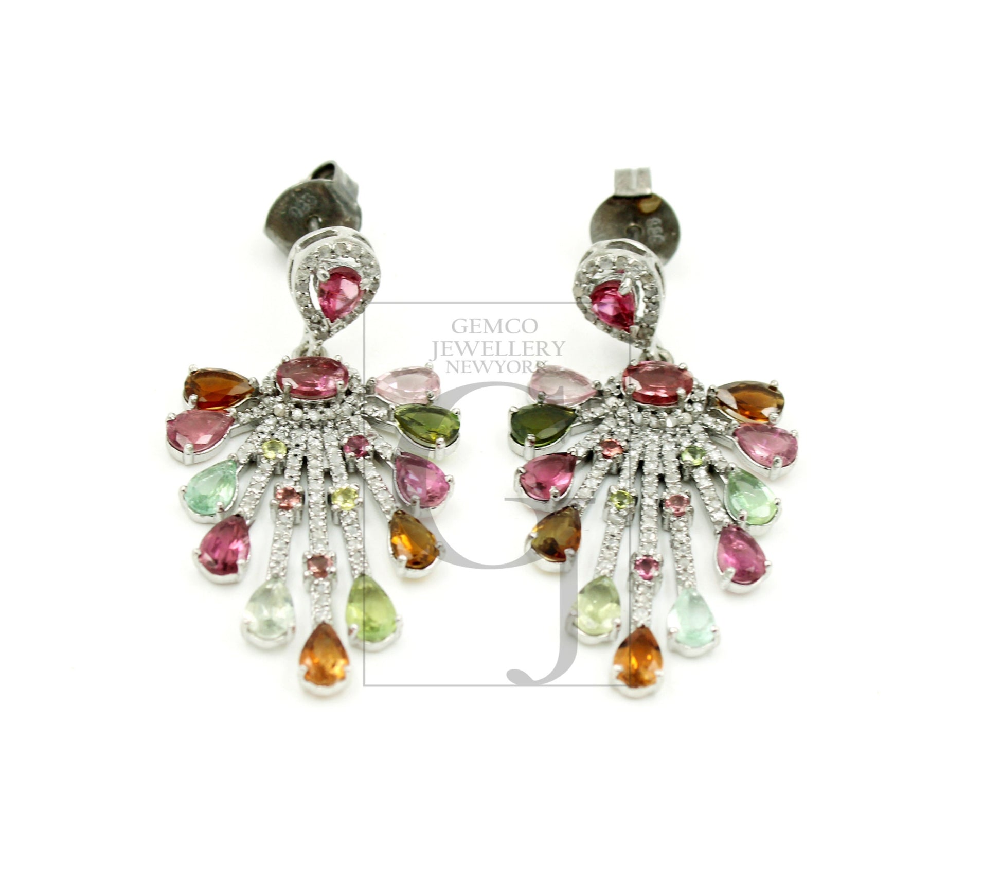 Very beautiful designer  Natural multi colored tourmaline earring stone with rosecut diamond pave setting diamond earring