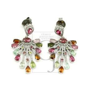 Very beautiful designer  Natural multi colored tourmaline earring stone with rosecut diamond pave setting diamond earring