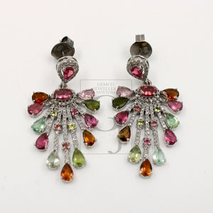 Very beautiful designer  Natural multi colored tourmaline earring stone with rosecut diamond pave setting diamond earring