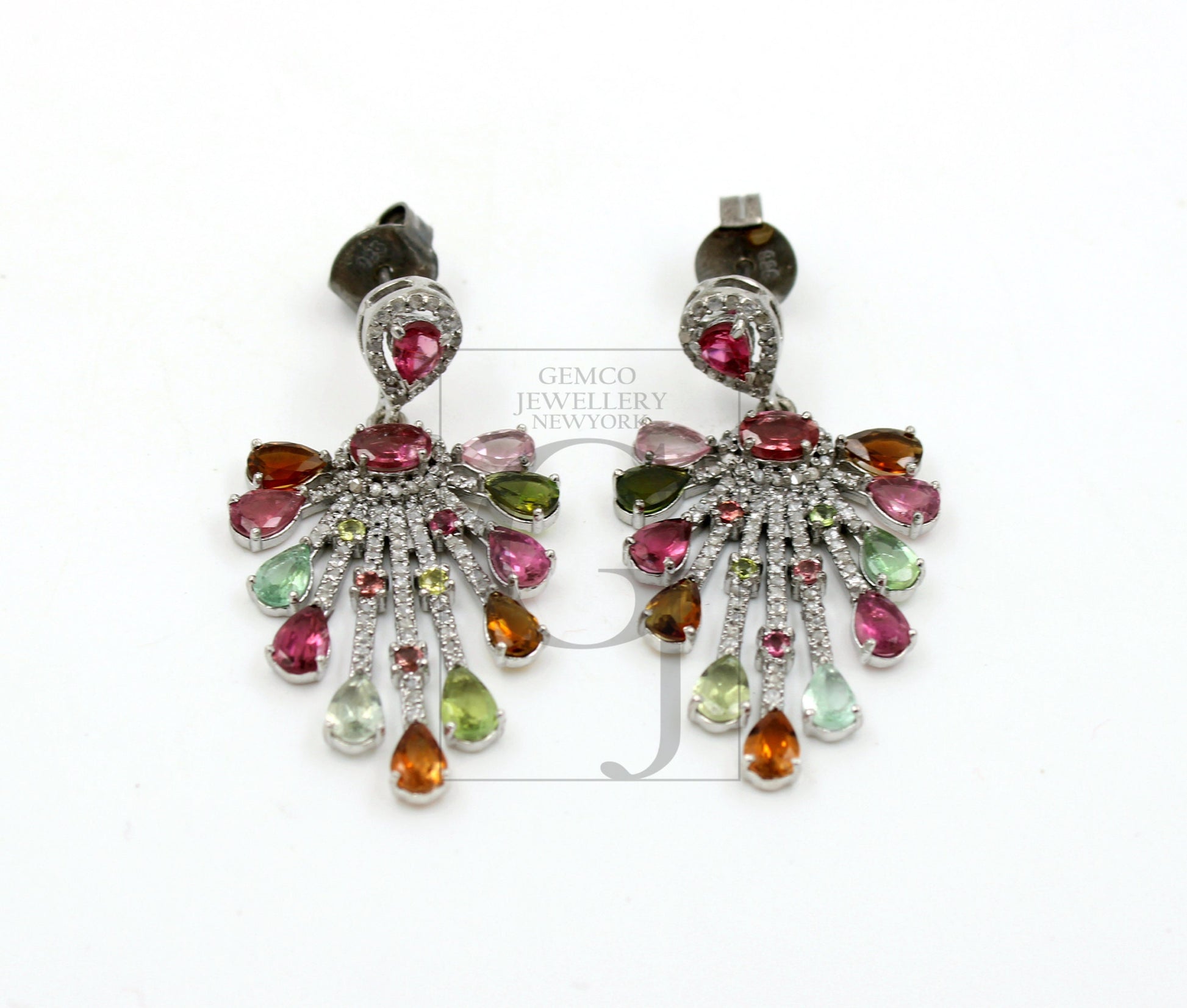 Very beautiful designer  Natural multi colored tourmaline earring stone with rosecut diamond pave setting diamond earring