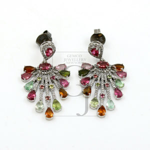 Very beautiful designer  Natural multi colored tourmaline earring stone with rosecut diamond pave setting diamond earring