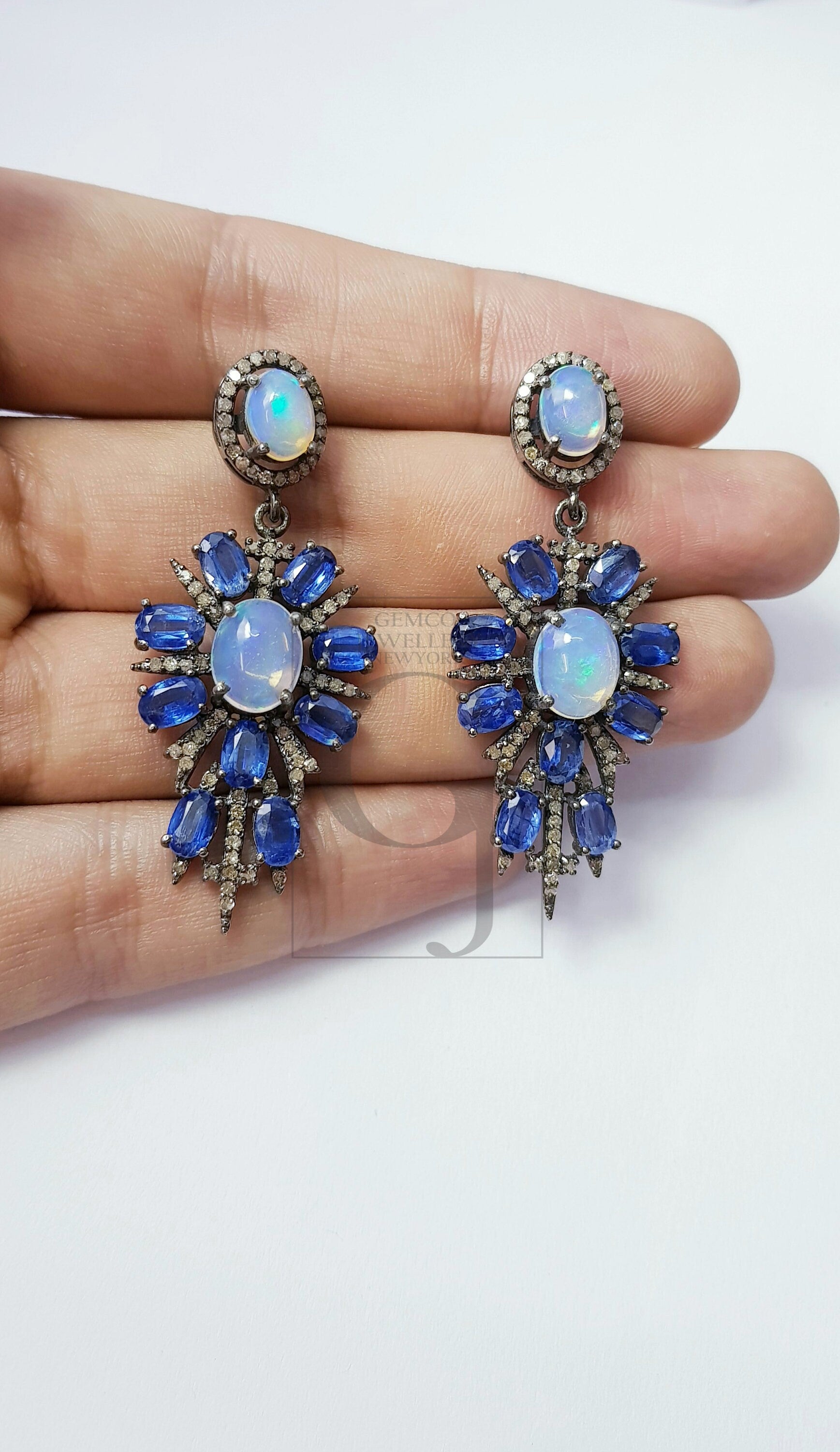 Beautiful Designer Opal Kinite Earring Rosecut Pave Diamond Earrings 925 Sterling Silver Handmade Silver Finish Diamond Earrings