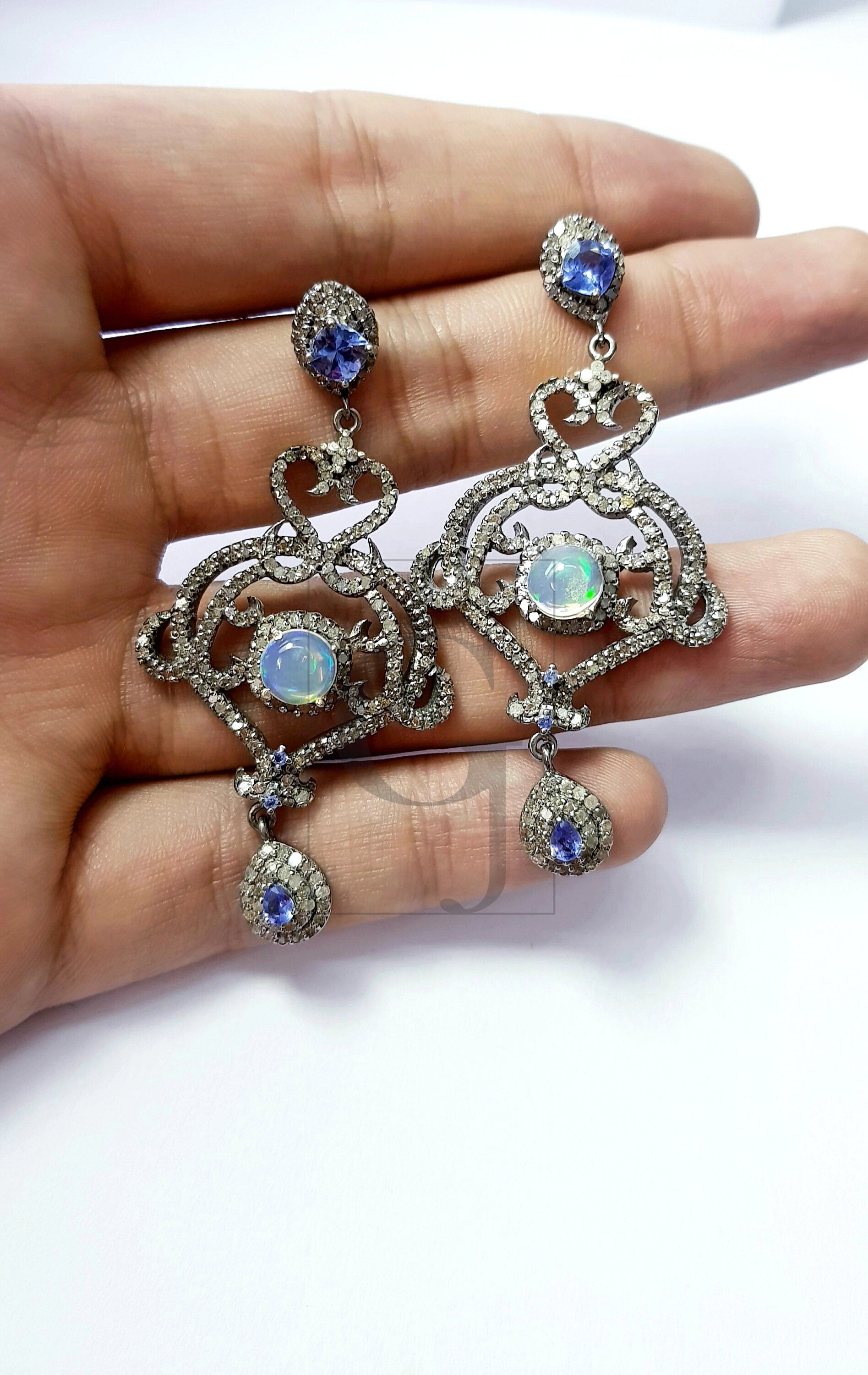 Very beautiful designer earrings  Rosecut pave diamond earrings 925 sterling silver handmade silver finish opal tanzanite diamond earrings