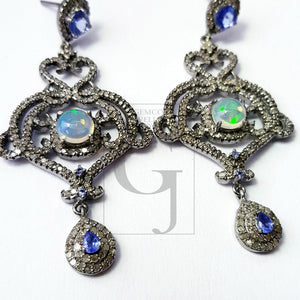 Very beautiful designer earrings  Rosecut pave diamond earrings 925 sterling silver handmade silver finish opal tanzanite diamond earrings