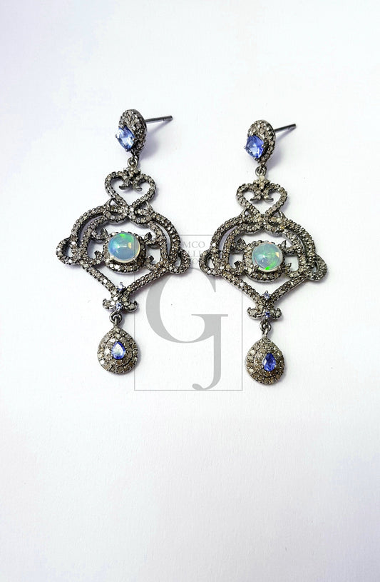 Very beautiful designer earrings  Rosecut pave diamond earrings 925 sterling silver handmade silver finish opal tanzanite diamond earrings