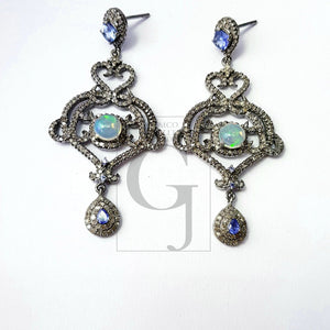 Very beautiful designer earrings  Rosecut pave diamond earrings 925 sterling silver handmade silver finish opal tanzanite diamond earrings