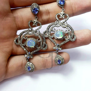 Very beautiful designer earrings  Rosecut pave diamond earrings 925 sterling silver handmade silver finish opal tanzanite diamond earrings