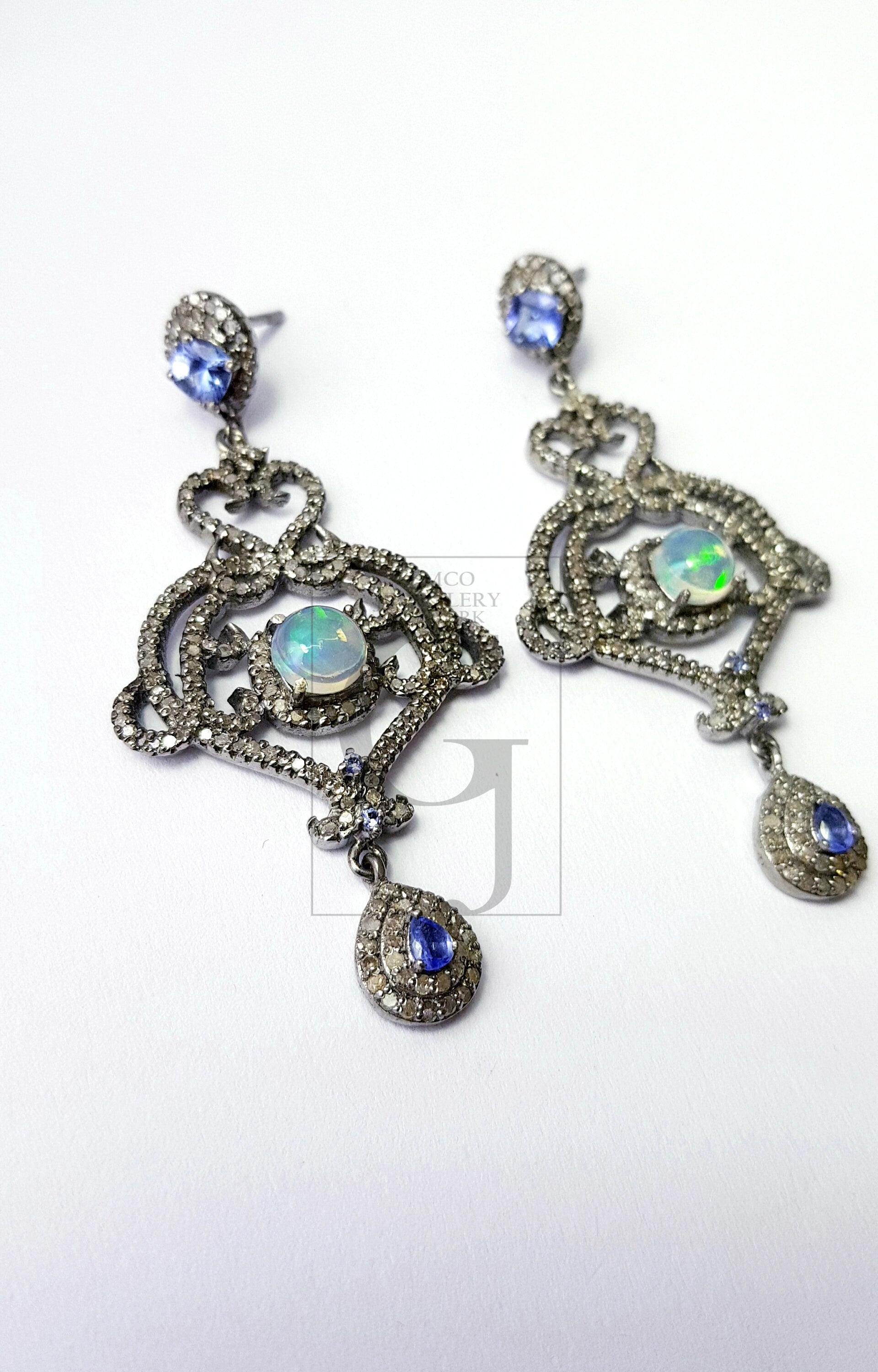 Very beautiful designer earrings  Rosecut pave diamond earrings 925 sterling silver handmade silver finish opal tanzanite diamond earrings