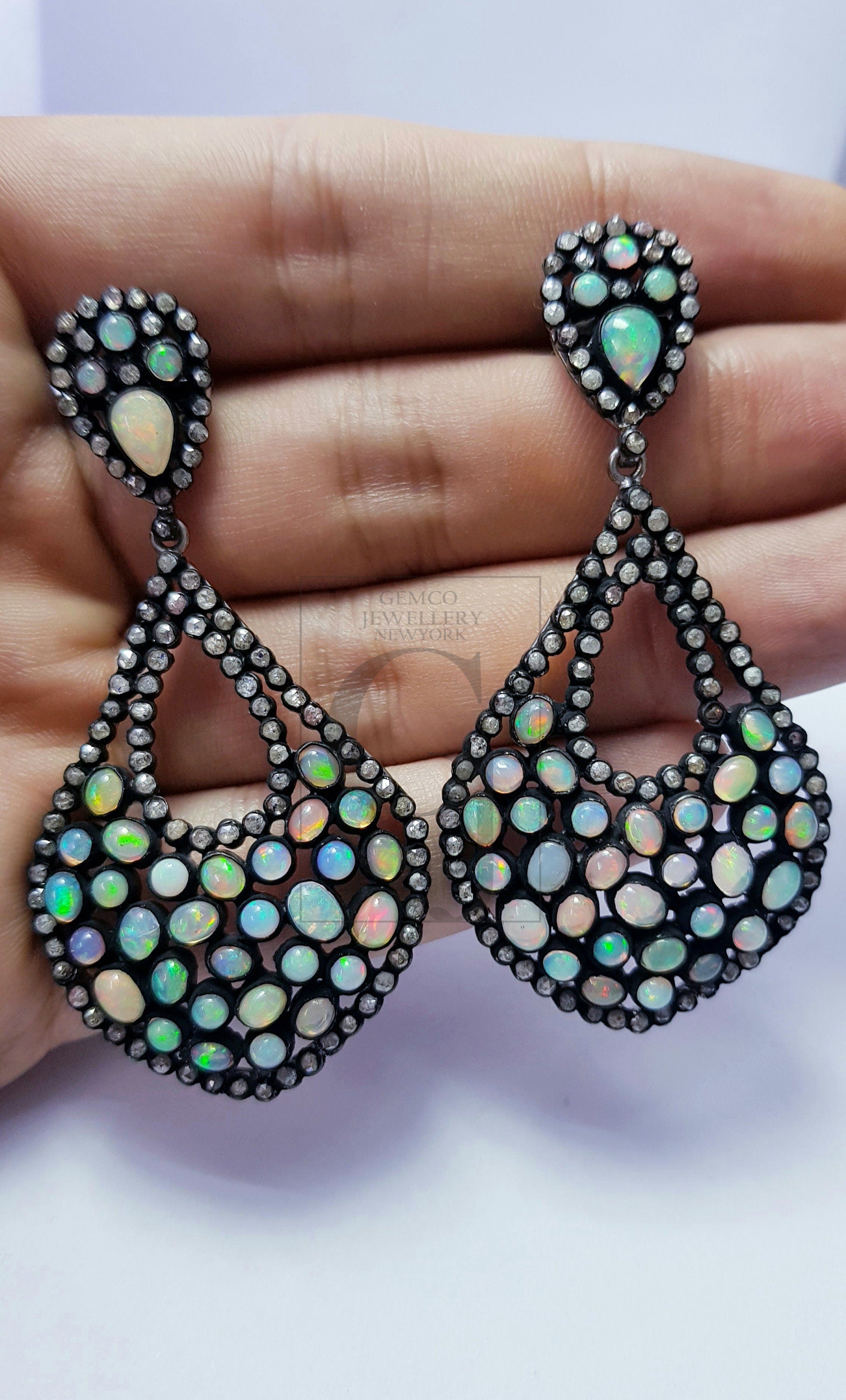 Very beautiful tear drop opal designer Rosecut pave diamond earrings 925 sterling silver handmade silver finish opal and diamond earrings