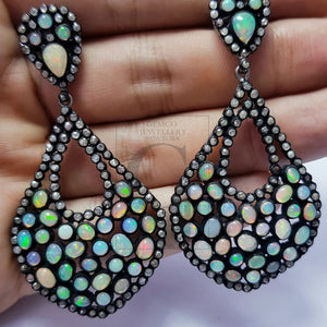 Very beautiful tear drop opal designer Rosecut pave diamond earrings 925 sterling silver handmade silver finish opal and diamond earrings