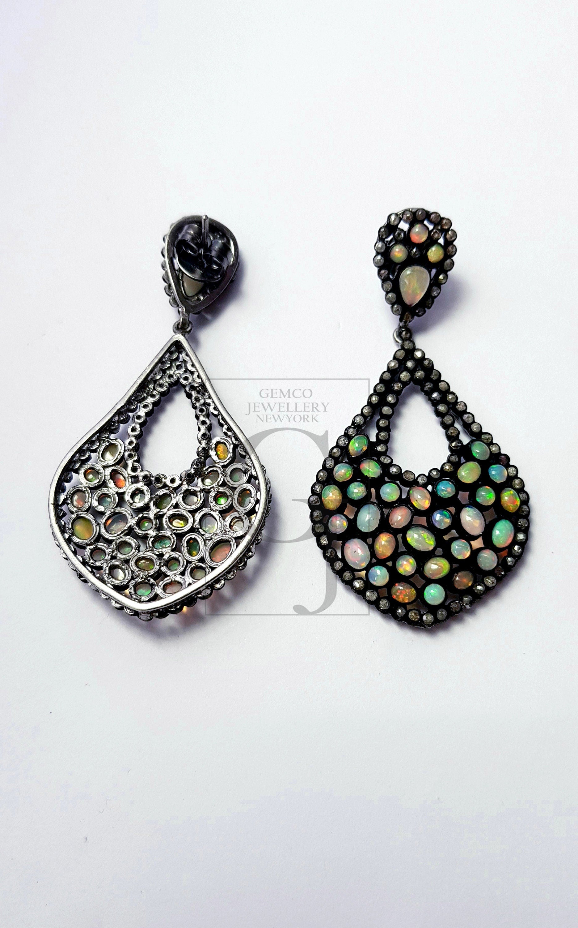 Very beautiful tear drop opal designer Rosecut pave diamond earrings 925 sterling silver handmade silver finish opal and diamond earrings