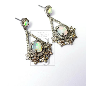 Very Beautiful Opal Earring Designer Rosecut Pave Diamond Earrings 925 Sterling Silver Handmade Silver Finish Natural Opal Diamond Earrings