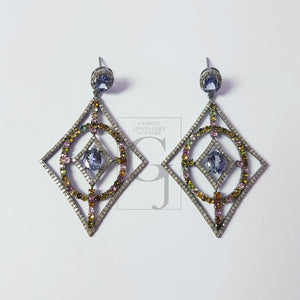 Fashionable tanzanite and tourmaline designer Rosecut pave diamond earrings 925 sterling silver handmade silver finish diamond earrings