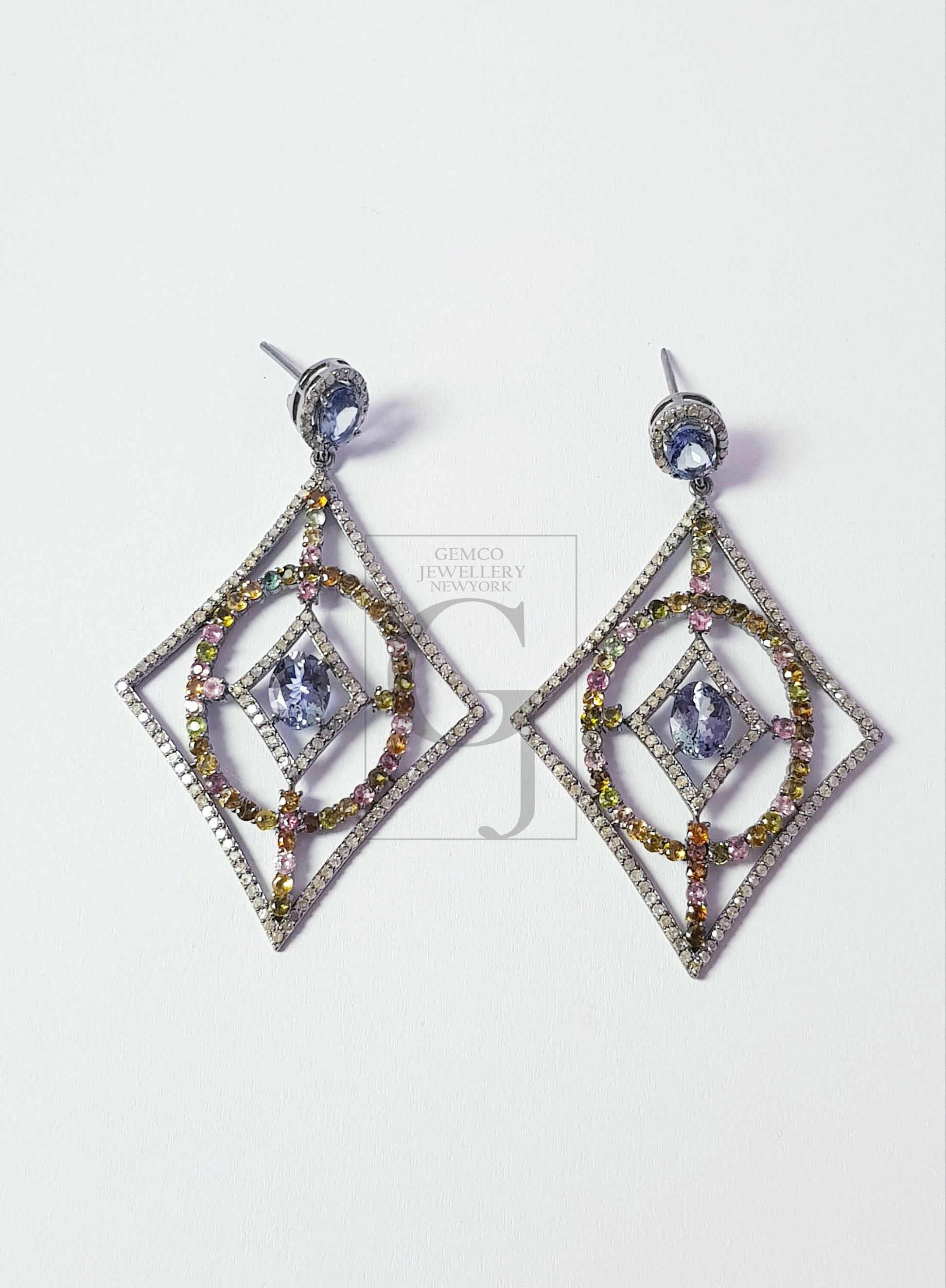 Fashionable tanzanite and tourmaline designer Rosecut pave diamond earrings 925 sterling silver handmade silver finish diamond earrings