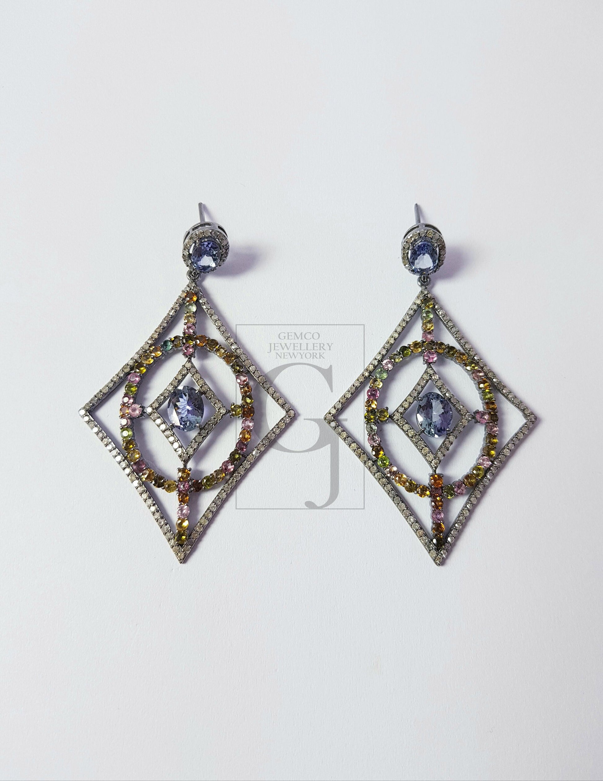 Fashionable tanzanite and tourmaline designer Rosecut pave diamond earrings 925 sterling silver handmade silver finish diamond earrings