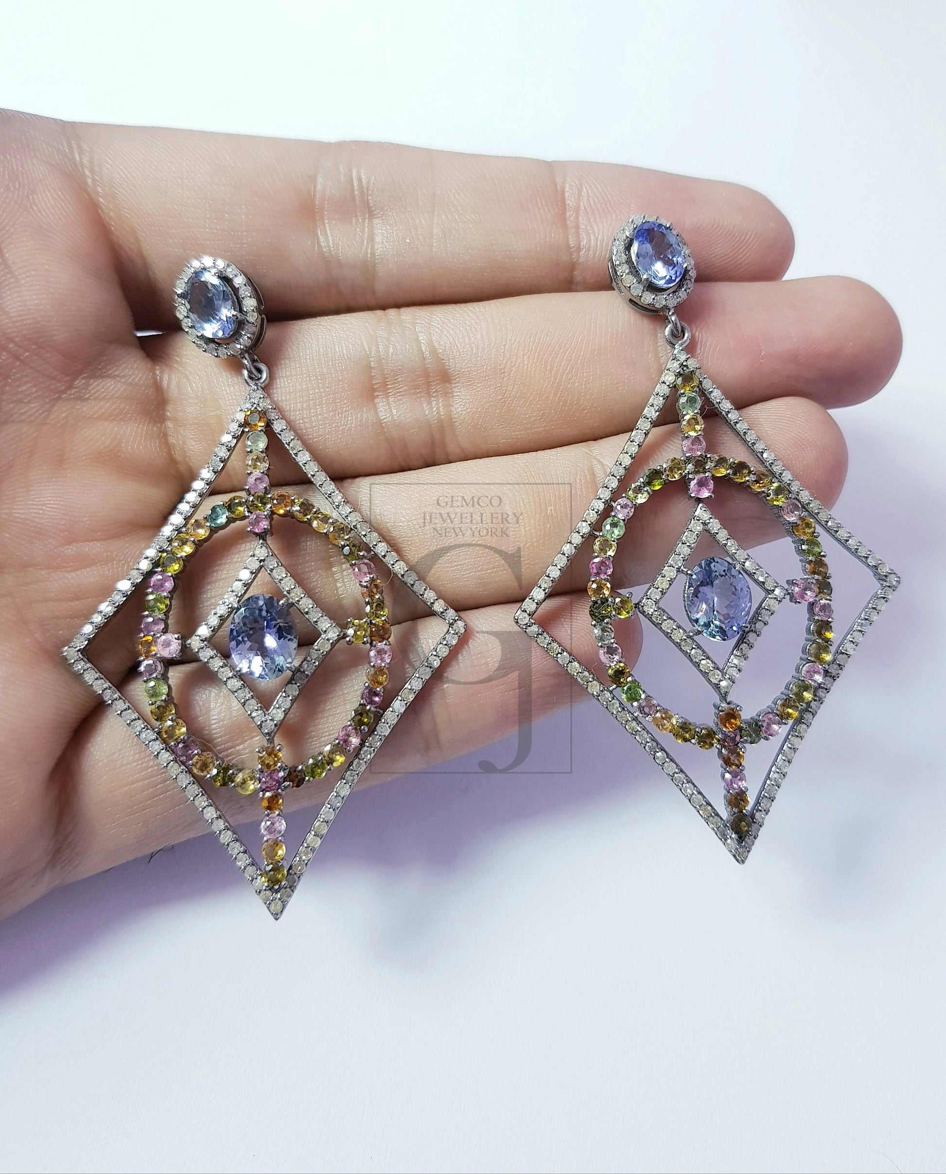 Fashionable tanzanite and tourmaline designer Rosecut pave diamond earrings 925 sterling silver handmade silver finish diamond earrings