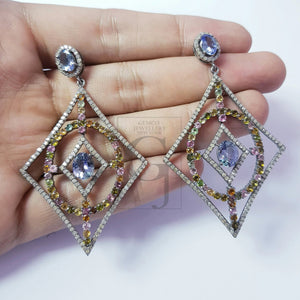 Fashionable tanzanite and tourmaline designer Rosecut pave diamond earrings 925 sterling silver handmade silver finish diamond earrings