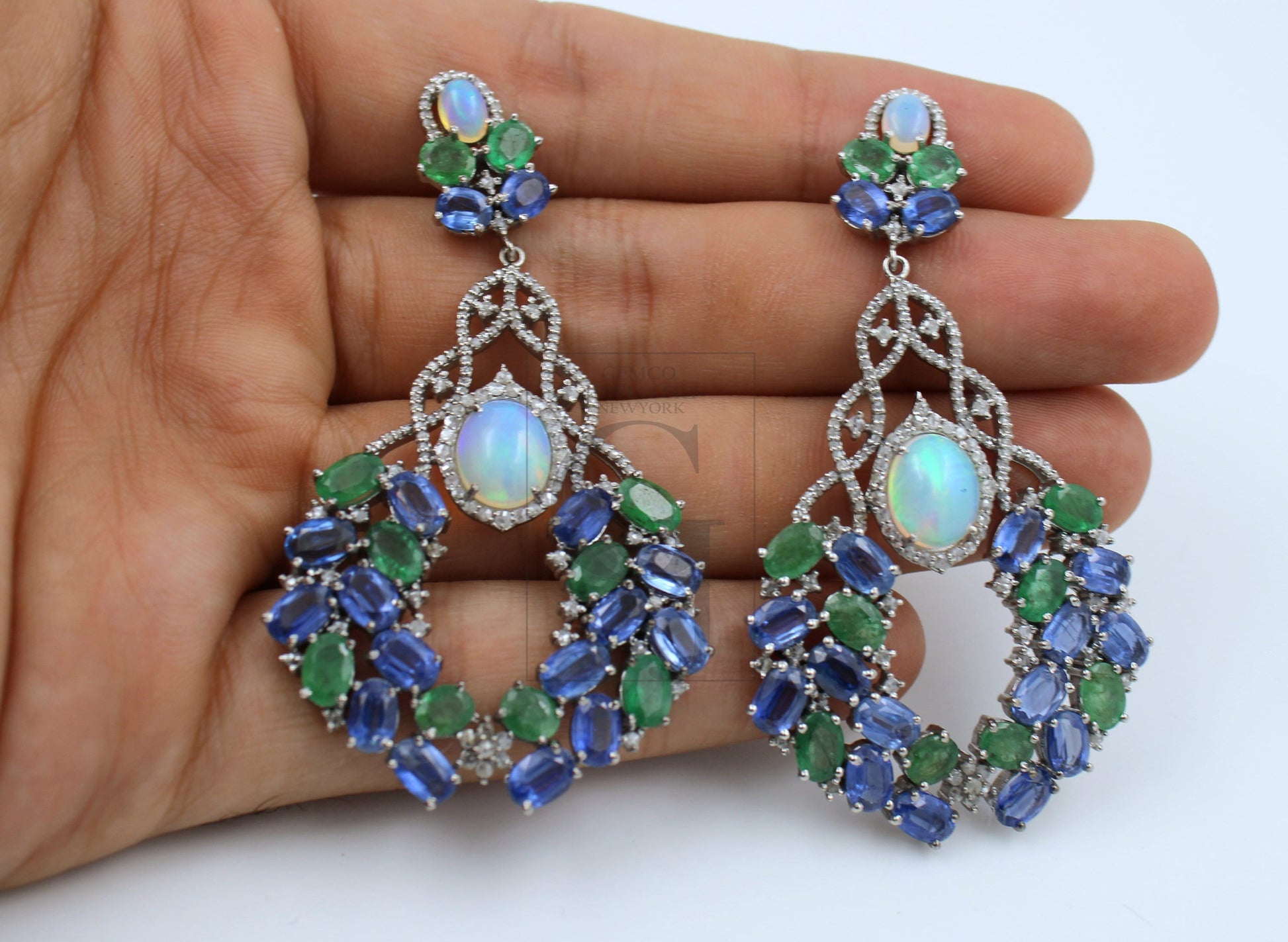 One-of-a-kind opal emerald kinite designer earring Rosecut pave diamond earrings 925 sterling silver handmade silver finish diamond earring jewelry