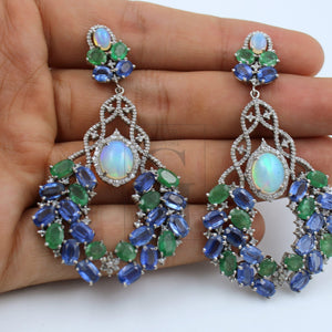 One-of-a-kind opal emerald kinite designer earring Rosecut pave diamond earrings 925 sterling silver handmade silver finish diamond earring jewelry