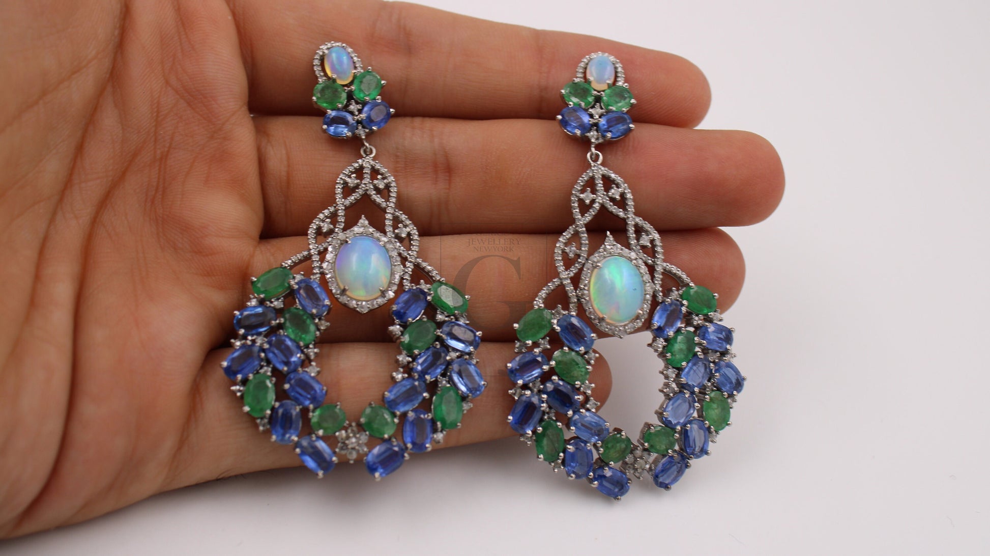 Opal emerald kyanite designer earring Rosecut pave diamond earrings 925 sterling silver handmade silver finish diamond earring jewelry opal