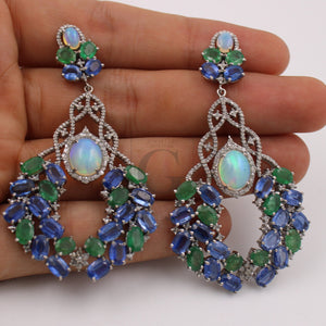 Opal emerald kyanite designer earring Rosecut pave diamond earrings 925 sterling silver handmade silver finish diamond earring jewelry opal