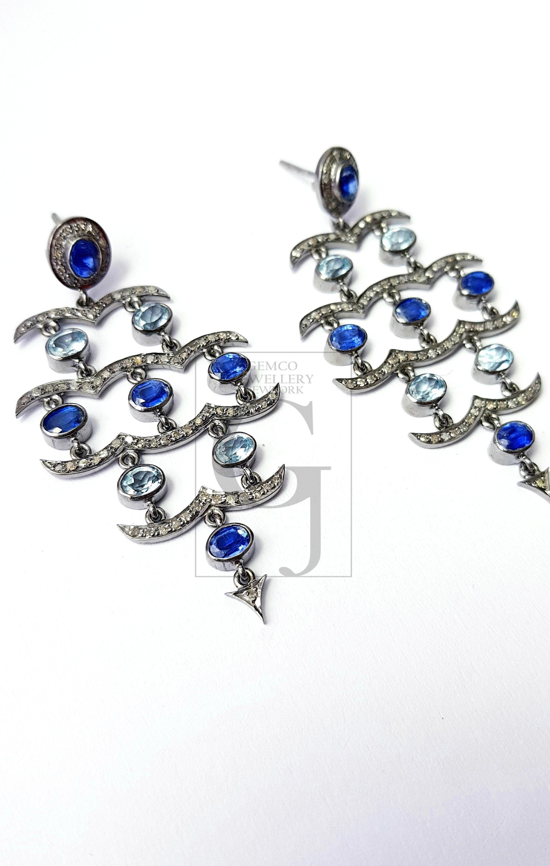 Very beautiful blue topaz and sapphire designer Rosecut pave diamond earrings 925 sterling silver handmade silver finish diamond earrings