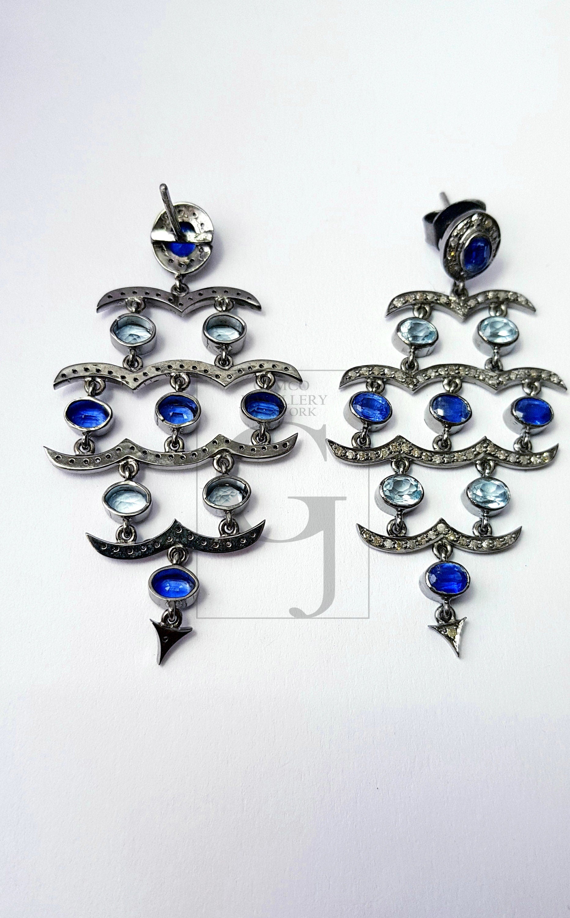 Very beautiful blue topaz and sapphire designer Rosecut pave diamond earrings 925 sterling silver handmade silver finish diamond earrings