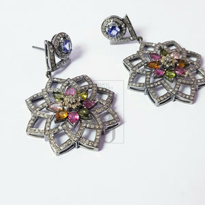 Flower style multi color tourmaline designer Rosecut pave diamond earrings 925 sterling silver handmade silver finish diamond earrings