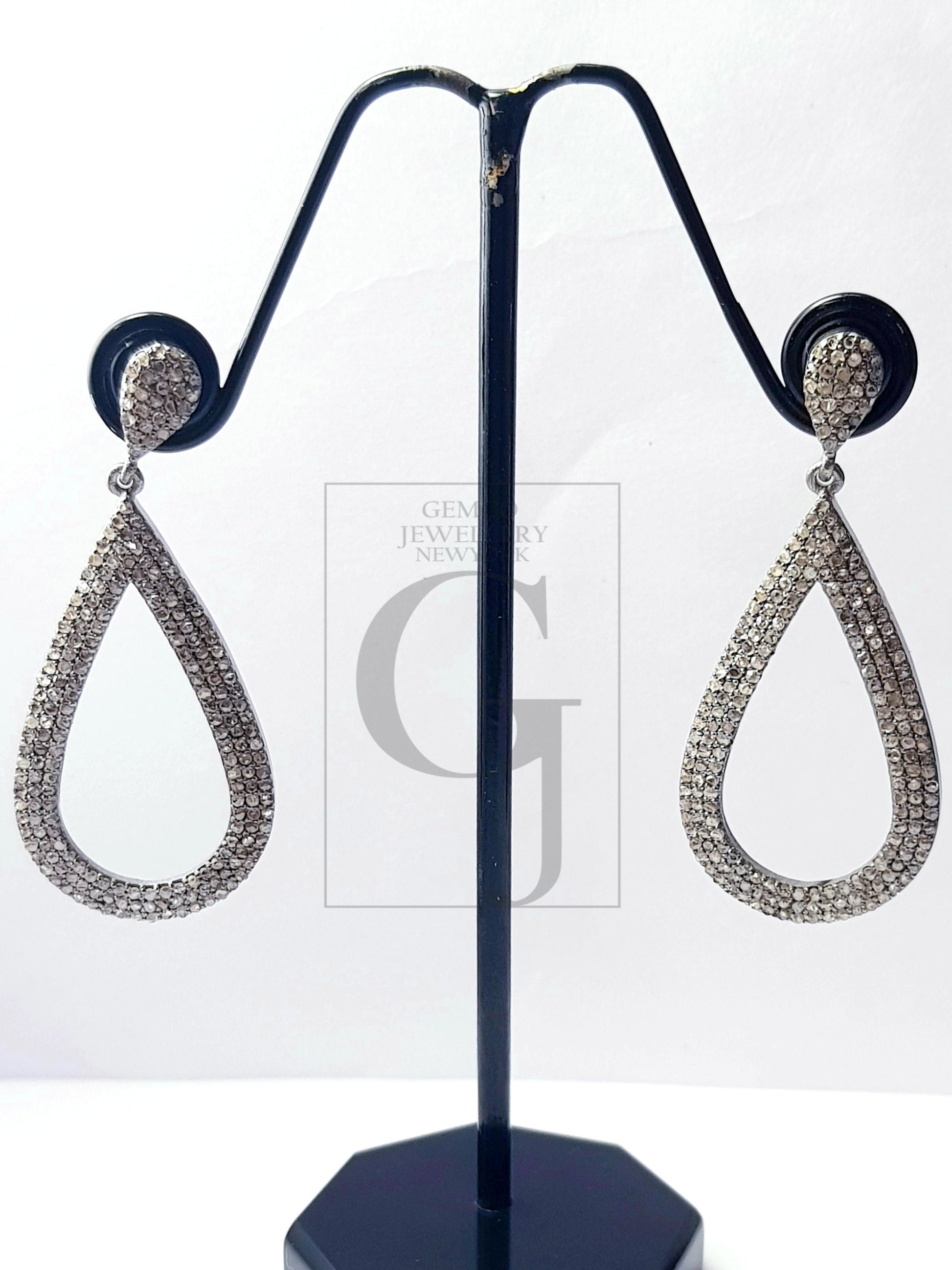 Latest design Rosecut pave diamond earrings 925 sterling silver handmade silver finish teardrop shaped beautiful diamond earrings charms