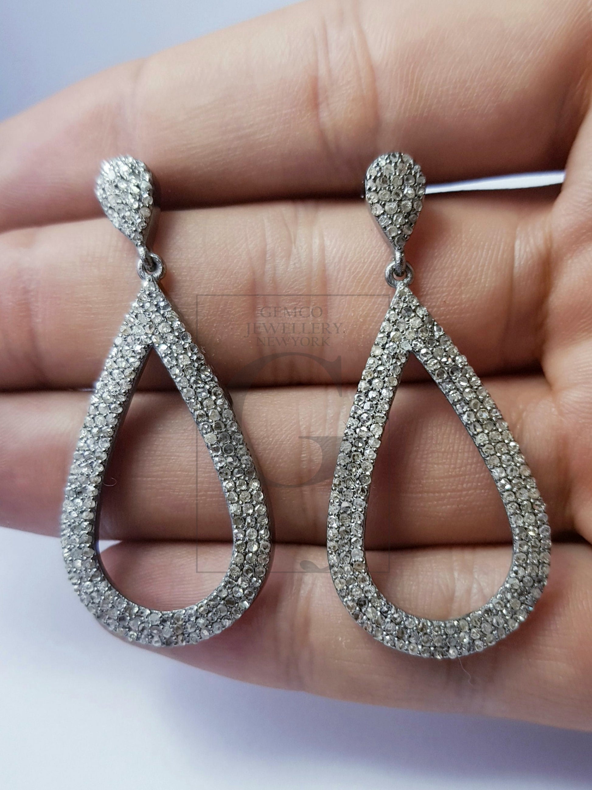 Latest design Rosecut pave diamond earrings 925 sterling silver handmade silver finish teardrop shaped beautiful diamond earrings charms