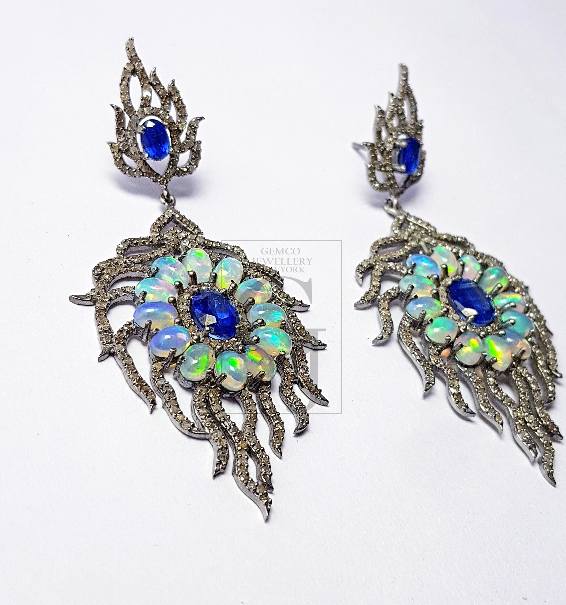 Beautiful Designed Kyanite And Opal Pave Diamond Earring Sterling Silver Earring Pave Diamond Silver Earring 925 Sterling Diamond Earring