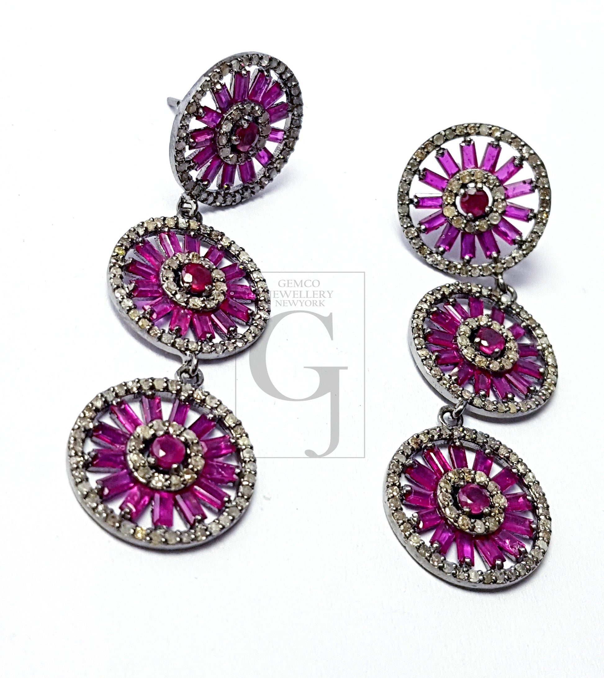 Very Beautiful Designed Baguettes Ruby Stoned Pave Diamond Earring Sterling Silver Earrings Pave Diamond Silver Earring 925 Sterling Diamond Earring