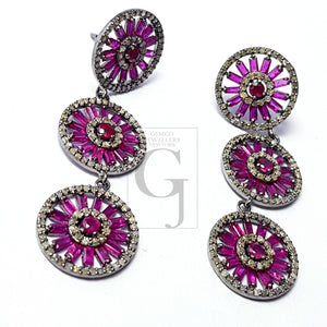 Very Beautiful Designed Baguettes Ruby Stoned Pave Diamond Earring Sterling Silver Earrings Pave Diamond Silver Earring 925 Sterling Diamond Earring