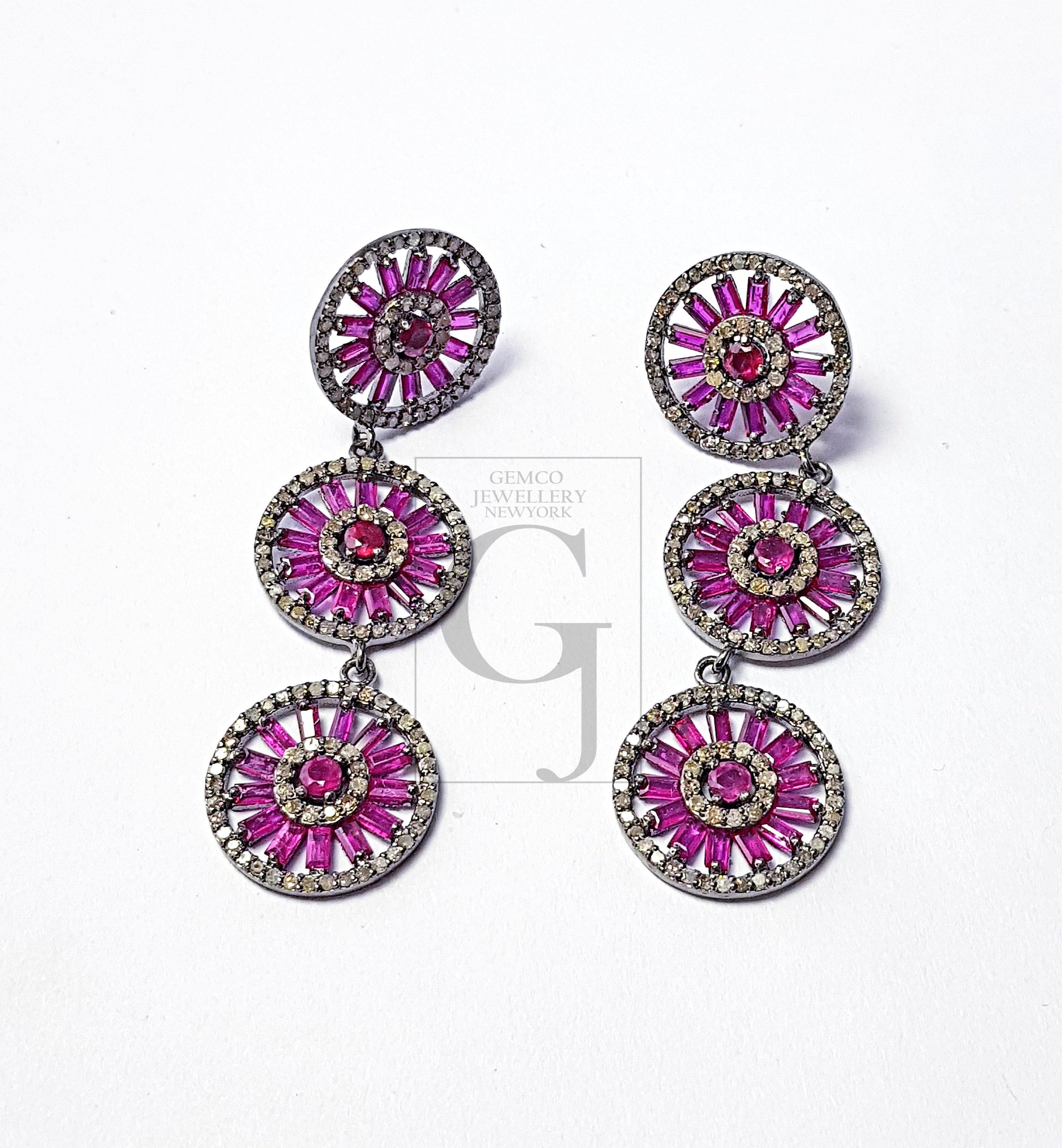 Very Beautiful Designed Baguettes Ruby Stoned Pave Diamond Earring Sterling Silver Earrings Pave Diamond Silver Earring 925 Sterling Diamond Earring