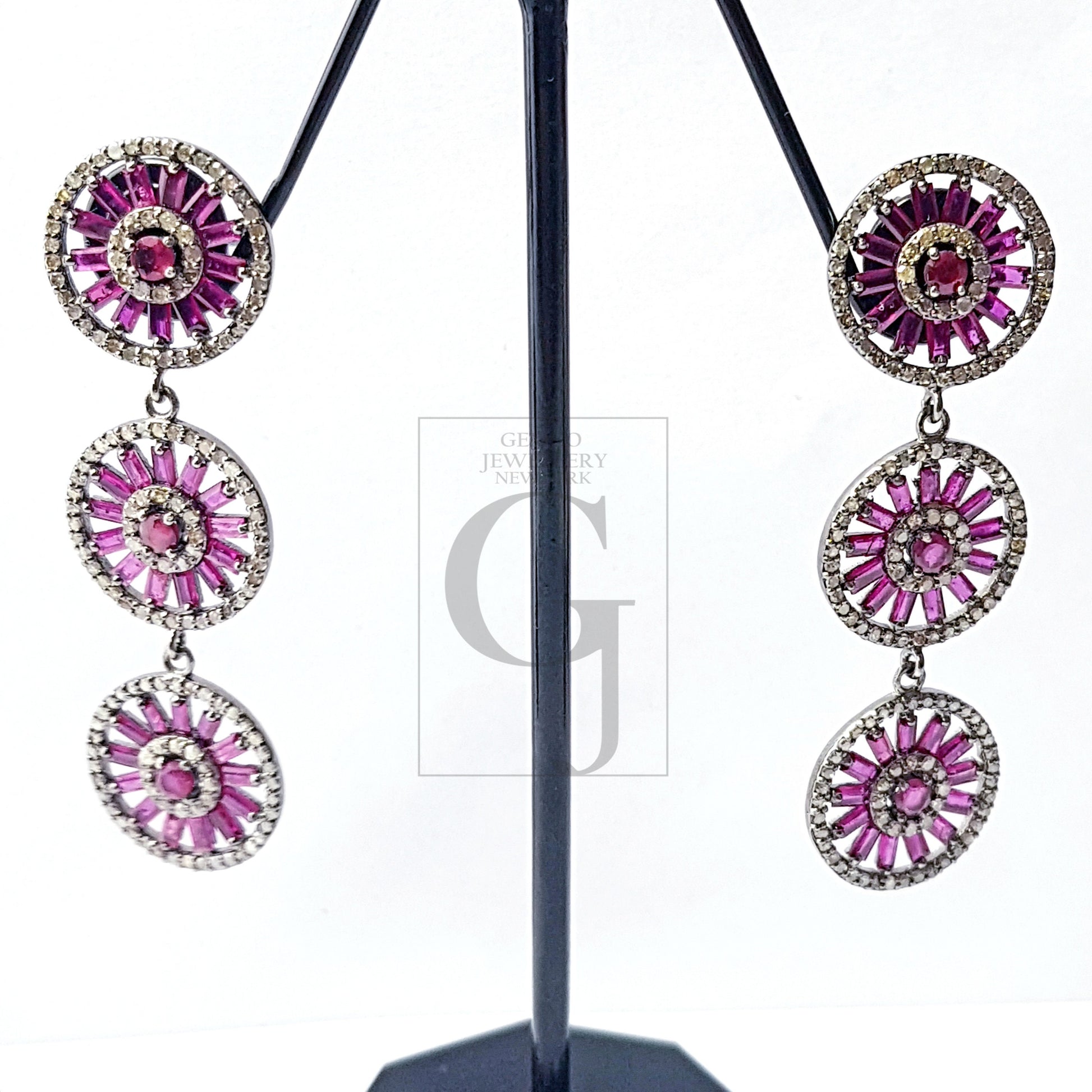 Very Beautiful Designed Baguettes Ruby Stoned Pave Diamond Earring Sterling Silver Earrings Pave Diamond Silver Earring 925 Sterling Diamond Earring