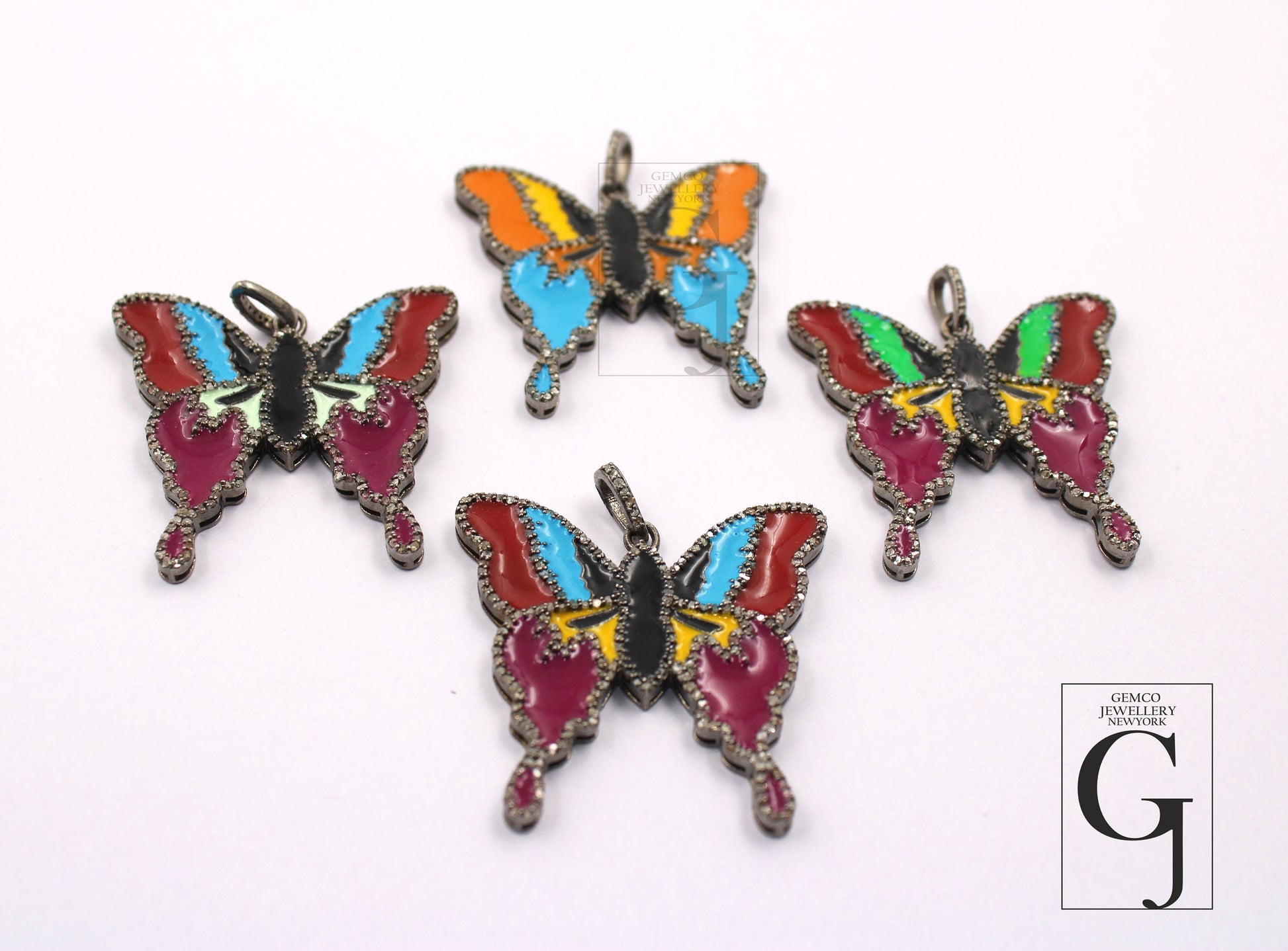 Very Beautiful Enameling Butterfly Pendant Rosecut Pave Diamond Pendant 925 Sterling Silver Handmade Finish Diamond Jewelry Necklace Pendant
