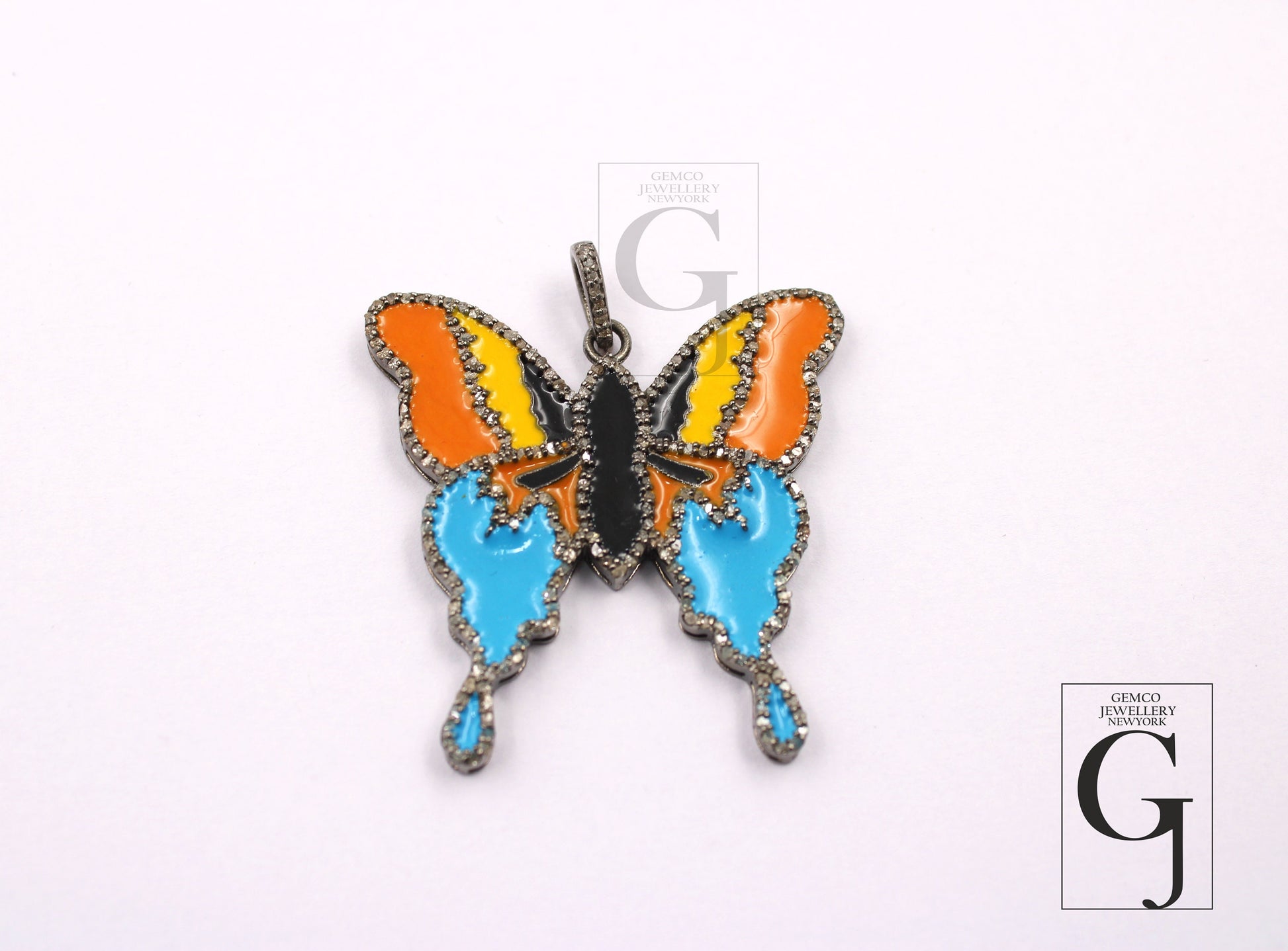 Very Beautiful Enameling Butterfly Pendant Rosecut Pave Diamond Pendant 925 Sterling Silver Handmade Finish Diamond Jewelry Necklace Pendant