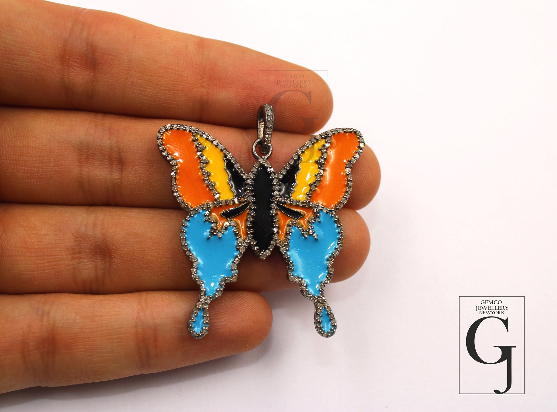 Very Beautiful Enameling Butterfly Pendant Rosecut Pave Diamond Pendant 925 Sterling Silver Handmade Finish Diamond Jewelry Necklace Pendant