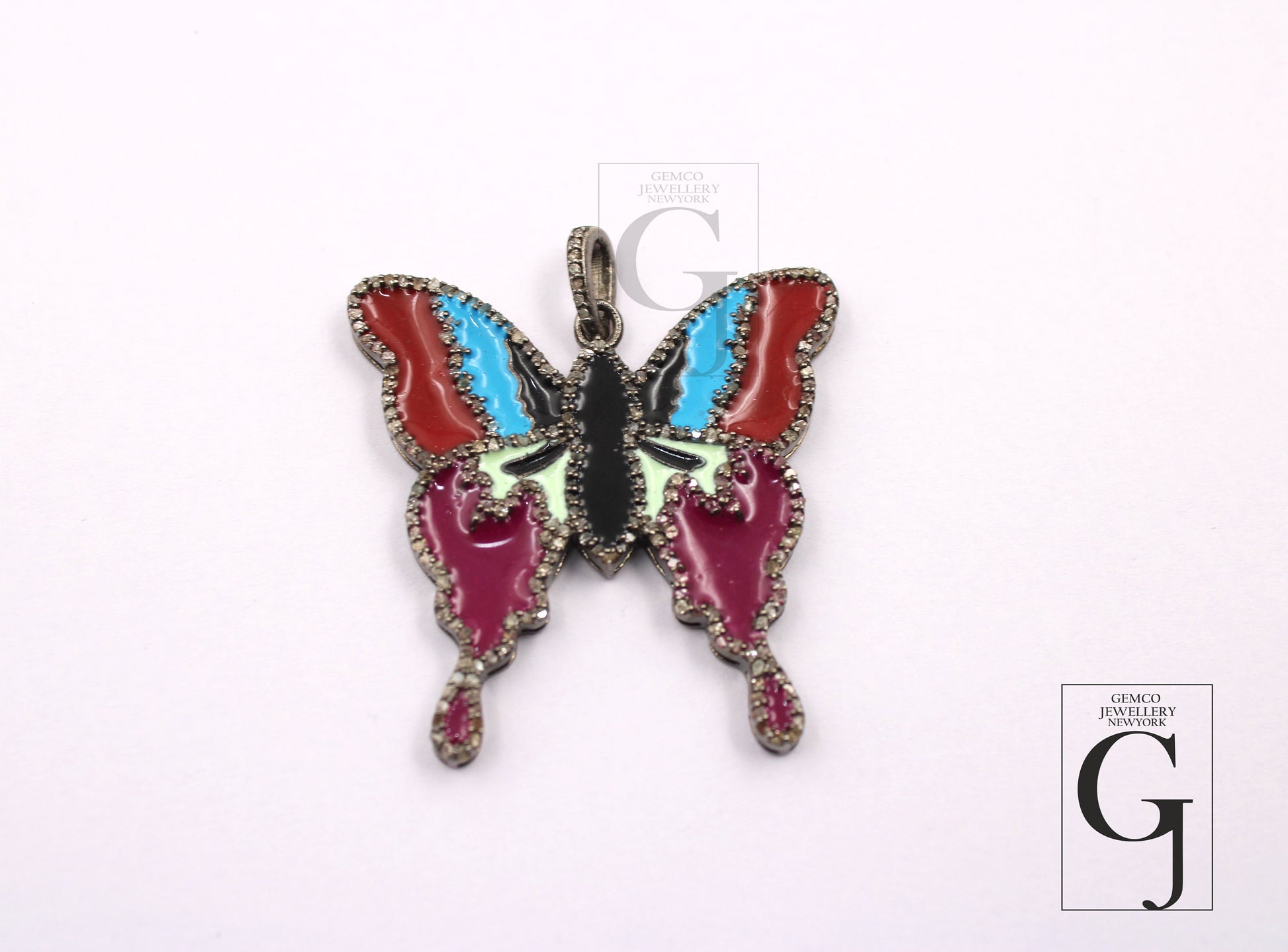 Very Beautiful Enameling Butterfly Pendant Rosecut Pave Diamond Pendant 925 Sterling Silver Handmade Finish Diamond Jewelry Necklace Pendant