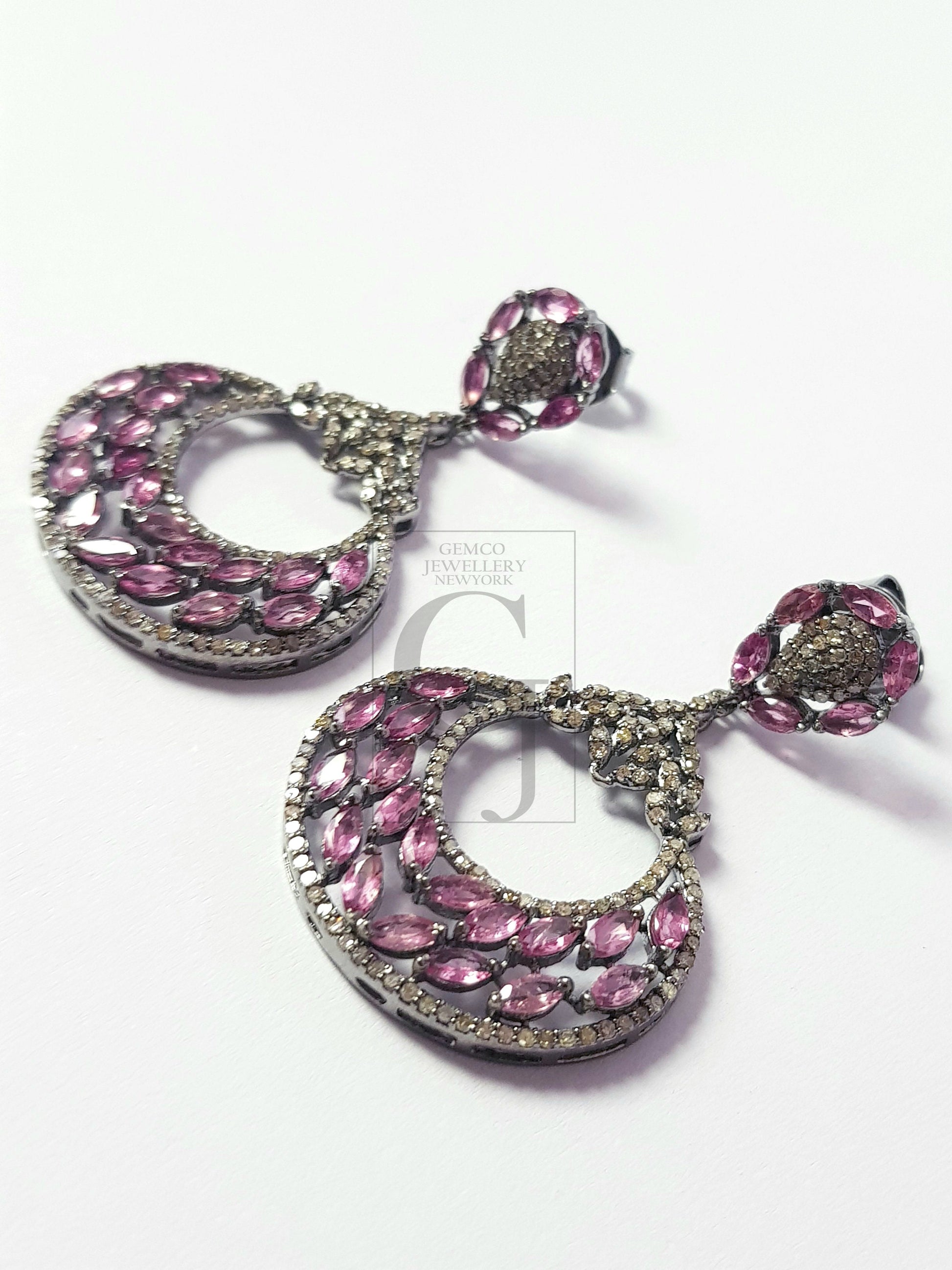 Very beautiful light oxidized ruby designer Rosecut pave diamond earrings 925 sterling silver handmade silver finish diamond earrings