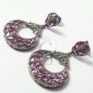 Very beautiful light oxidized ruby designer Rosecut pave diamond earrings 925 sterling silver handmade silver finish diamond earrings